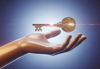 Golden key offered in open hand symbolizing opportunity and access