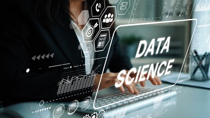 Data Science Concept with a Businesswoman Working on a Keyboard Surrounded by Digital Graphics and Icons. Asymptotic smart data analytic.