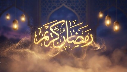 Ramadan Kareem glowing calligraphic style enhanced with warm golden haze, floating soft particles, calm spiritual atmosphere