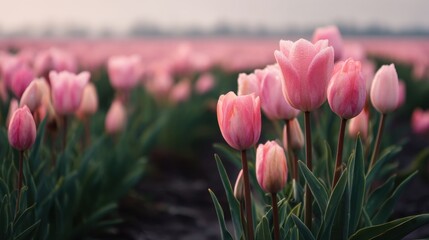 Rows of pink tulips are growing in a field during the early morning hours. Dew is visible on the petals. The setting shows a rural landscape with soft light.