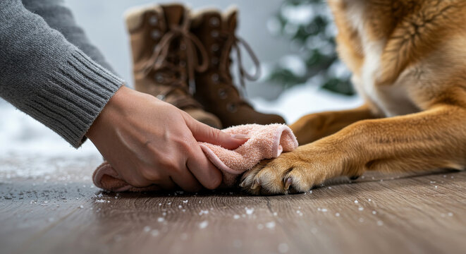 Wiping dog&rsquo;s paws after snowy walk near winter boots