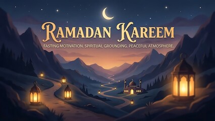 Ramadan Kareem valley-mountain landscape at dusk, gentle warm tones, peaceful air, spiritual discipline, ideal for motivational Islamic greeting images