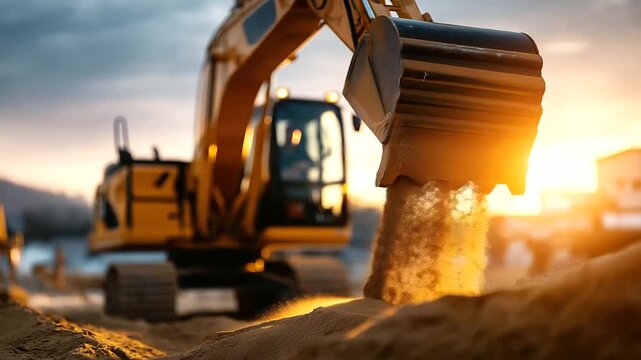 Yellow excavator digging and moving sand faceless operator in cabin defocused quarry pit background with layers earthmoving operation sandpit excavation industrial mining