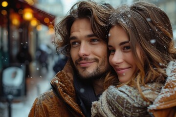 A couple shares a tender moment in the heart of a snowy city street at night, their faces illuminated by warmth and the city lights. A scene of love and connection amidst winter's beauty.