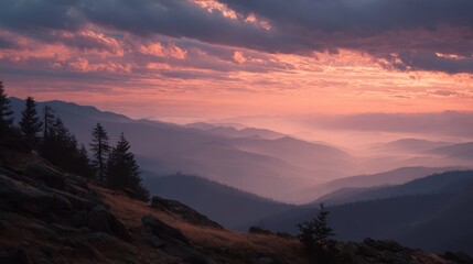 Obraz premium Bright colors fill the sky during sunset as mountains fade into the distance. Silhouettes of trees stand against the clouds creating a natural scene after a long day.