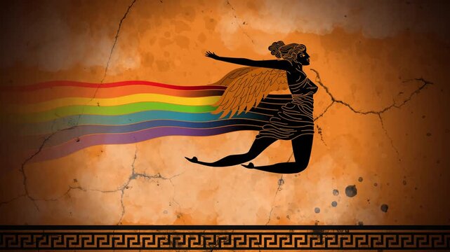 greek goddess iris flying creating a rainbow in ancient orange and black pottery style