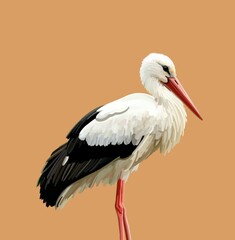 White stork on a solid beige background, realistic digital illustration with detailed feather texture. Symbol of family, birth, harmony, spring, nature, ecology and minimalism.
