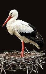 White stork standing in a nest on dark background, artistic digital illustration with detailed feathers. Symbol of family, home, nature, spring, care, ecology and wildlife.