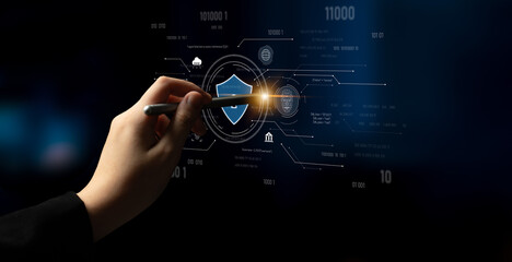 Cyber security interface with biometric and AI-powered protection system. Cyber security secures...