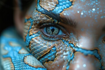 A captivating close-up portrait featuring a human eye partially covered in shimmering blue scales, generating a surreal and abstract visual impact. Evokes themes of transformation and the uncanny.