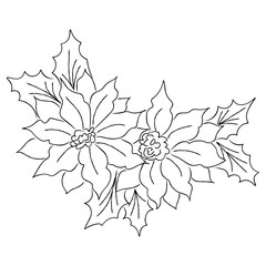 Black and white poinsettia floral corner with holly leaves, elegant Christmas flower line art for coloring pages, festive cards and decorative holiday designs