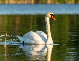 Fototapeta premium White swan on a glassy pond