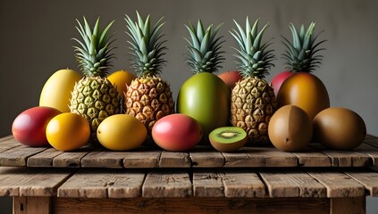 Stunning assortment of vibrant tropical fruits artfully arranged on a rustic wooden table setting