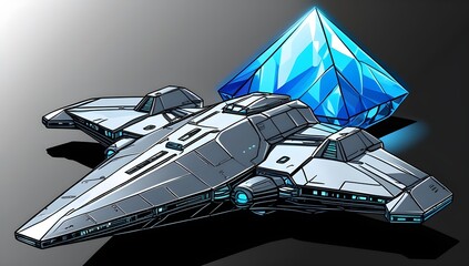 Sleek futuristic spacecraft hovers near a massive glowing blue energy crystal treasure ready for interstellar transport