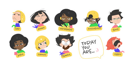 School Character Emotion Set with Boy and Girl Showing Sad, Angry, Indifferent, Mischievous, Joyful, Curious, Fearful and Sleepy Faces, with Icons and “Today You are” Labels