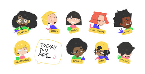 School Emotion Characters with Boy and Girl Showing Playful, Joyful, Curious, Fearful, Sleepy, Angry, Indifferent, Sad and Mischievous Faces, with Icons and “Today You are” Labels