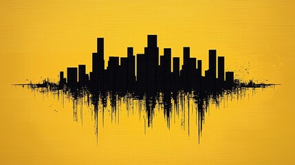 Abstract Minimalist Geometric Design of Floating Black Squares Forming City Skyline Over Soft Yellow Texture Background