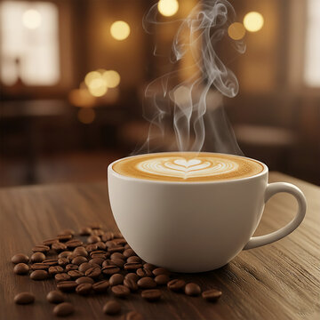 Taza de caf&eacute; capuchino caliente con arte latte de coraz&oacute;n y vapor en mesa de madera r&uacute;stica.