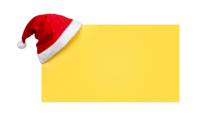 Santa Claus Hat Hanging on Yellow Banner Isolated on White and Png Transparent Background