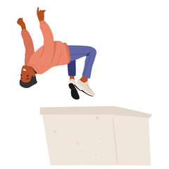 Guy making risky somersault while jumping from roof of house performing parkour extreme city sport