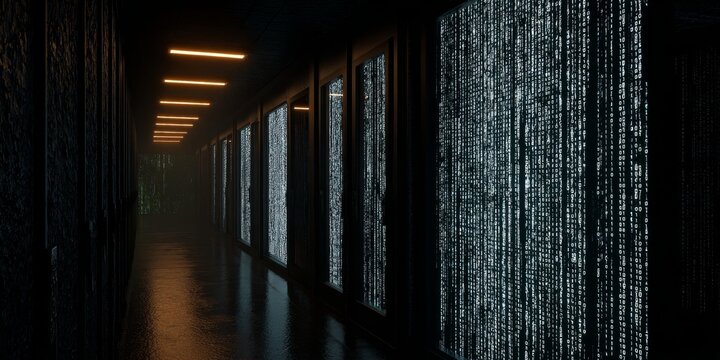 Dark corridor lined with glowing screens displaying code, illuminated by orange lights above