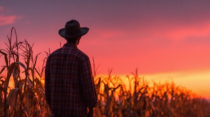 A lone farmer surveys his cornfields at sunset, his hat a silhouette against the brilliant sky, contemplating the fruits of his labor after a long, fulfilling day.