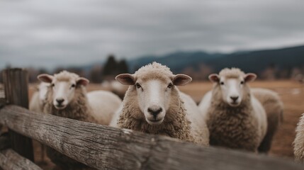 Fototapeta premium A serene pastoral scene featuring a trio of sheep standing calmly behind a rustic wooden fence, set against a backdrop of soft, blurred mountains under an overcast sky.