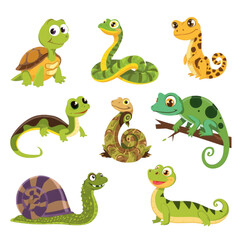 Fototapeta premium Cartoon reptiles and amphibians animals isolated on a transparent background turtle snake frog