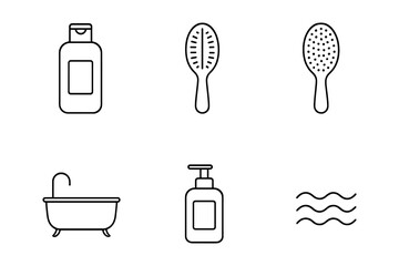 Hair care and bath essentials line icons for beauty, wellness, and personal hygiene branding. Ideal for shampoos, conditioners, bath products, and grooming accessories. Vector illustration