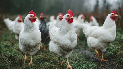 Fototapeta premium A flock of hens roam freely on a grassy field. Predominantly white plumage, with red combs adding a vibrant contrast. A peaceful, rural scene of domestic poultry.
