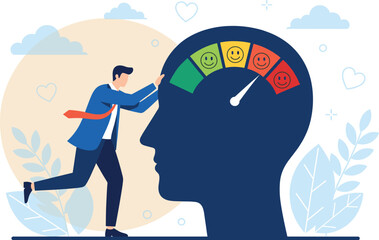 Man Pushing Head Scale from Sad to Happy Vector Concept for Mental Health Improvement Stress Management and Positive Mood Change.