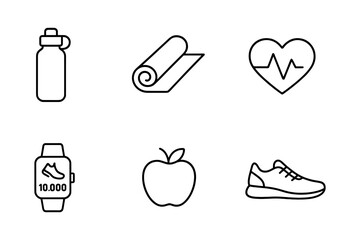 Fitness and healthy lifestyle line icons for gym, workout apps, nutrition and wellness branding. Ideal for sport, health tracking and activity UI design. Vector illustration