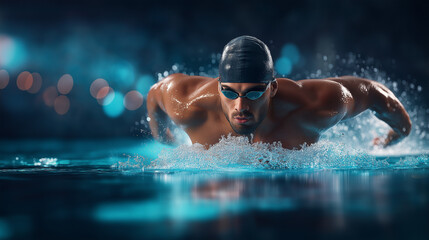 Photorealistic male swimmer, mid-stroke butterfly style, splashes muscle tension, summer sport power, form speed elite, competitive swimming display, athletic excellence moment, fa