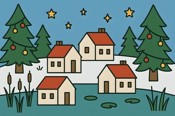 Naklejka premium Quaint village in winter wonderland illustration