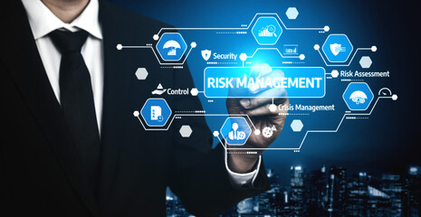 A business professional interacts with a digital interface displaying key concepts of risk management and security, highlighting innovative strategies for effective decision-making. Tessel