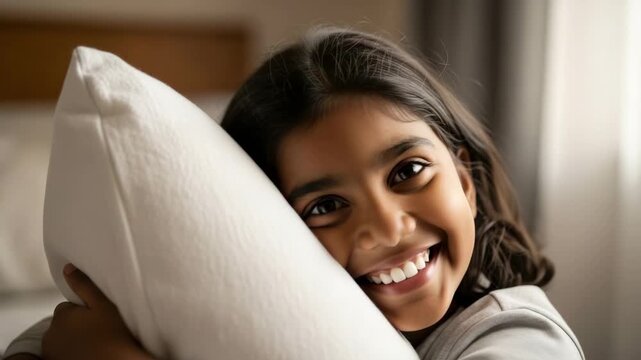 Cute Indian girl waking up and hugging a pillow in her bedroom. Happy child with a beautiful smile looking at the camera in the morning. Childhood comfort and joy concept