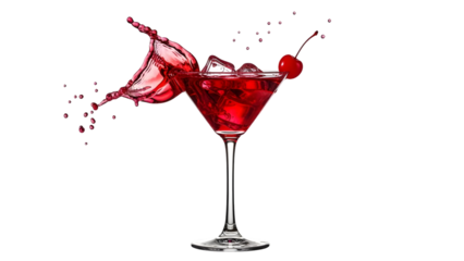 Elegant red cocktail splash with berries isolated on transparent background