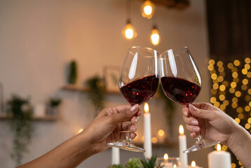 Romantic toast with red wine glasses