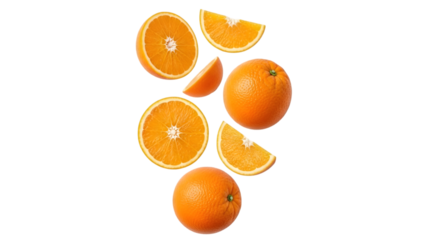 Assorted orange slices and whole fruit isolated on transparent background