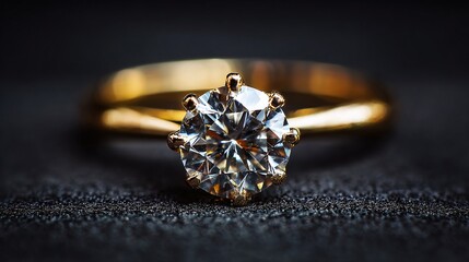 Close-up of a sparkling round-cut ring on a dark textured background. The gold band and setting are in focus, highlighting the jewel's brilliant facets and shine.