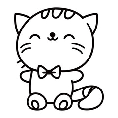 Adorable black and white smiling kitten icon or logo in a simple kawaii line-art style with a bow tie, perfect for children's designs, pets, and cute branding