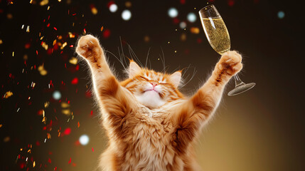 Funny Ginger Cat Celebrating with Champagne Glass and Confetti on Dark Background