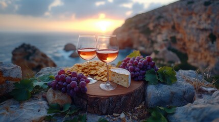 Two elegant wine glasses brimming with rose wine are presented alongside a cheese wheel and grapes, all bathed in the warm glow of a picturesque sunset over the ocean. A luxurious and inviting scene.