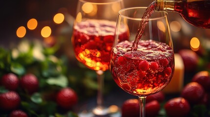 A bottle of red wine is elegantly poured into a glass, complemented by fresh berries. The scene evokes a sense of indulgence and sophistication.