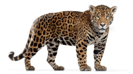 Obraz premium Jaguar stands on a white background displaying its unique coat patterns and muscular body. Its face looks alert as it focuses on its surroundings with keen eyes.