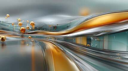 Soft flowing waves of silver and pale gold liquid metal blend with gentle geometric clouds, forming a calm high-resolution neo-liquid abstract background.