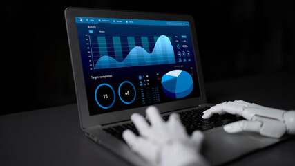 A futuristic scene featuring robot hands interacting with a laptop displaying advanced data analytics and graphical charts in a dark environment. Impute