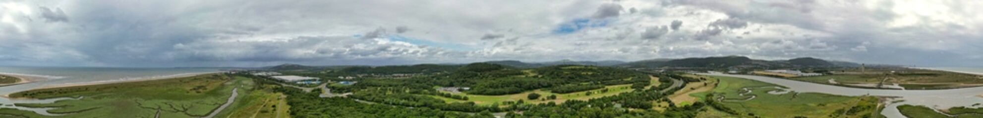 Obraz premium Aerial Panoramic View of Beautiful Welsh British Countryside Landscape Near Cardiff City of Wales UK