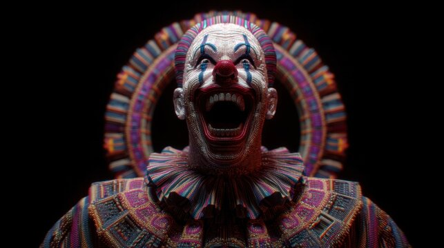 A clown figure with a wide grin and vibrant makeup stands in a dark setting. The costume is detailed with various colors and designs creating a striking visual impact.