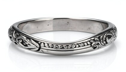 Elegant silver ring with floral engravings on white background